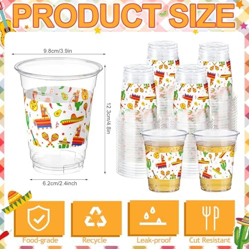 100 Pcs Fiesta Plastic Cups, 12 oz Mexican Disposable Clear Plastic Drinking Cups Bulk for Mexican Independence Day, Fiesta, Cinco De Mayo, Taco Birthday Party Decoration Supplies - Image 3