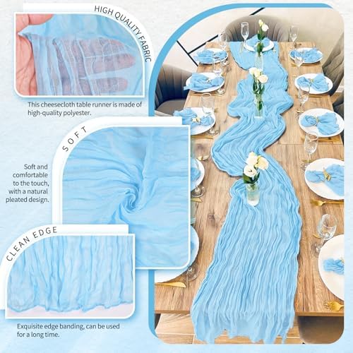 30 Pack Cheesecloth Table Runner 10FT Baby Blue Table Runner Light Blue Boho Gauze Cheese Cloth Table Runners Long Rustic Sheer Table Decorations for Wedding Party Baby Bridal Shower Birthday Holiday - Image 3
