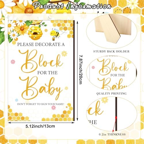 Tenceur 104 Pcs Baby Shower Game Sign Set Baby Shower Blocks to Decorate 54 DIY Blank Wooden Block 48 Watercolor Markers with Acrylic Box Set for Games Gender Reveals Party Supplies(Bee) - Image 4