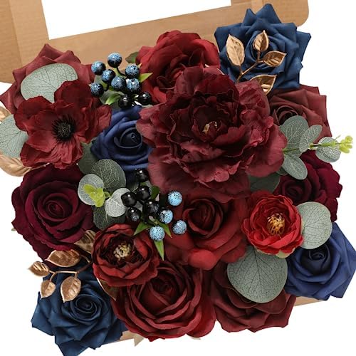 Serwalin Burgundy Navy Artificial Flowers Silk Rose Flowers for Wedding by Serwalin