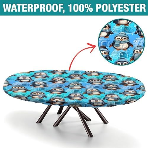 Bundled Up Penguins Fabric Print Tablecloth Oval Leakproof & Sturdy Washable for Mother's Day Father's Day Valentine's Day Fits for 42" x 60" Oval Table - Image 2
