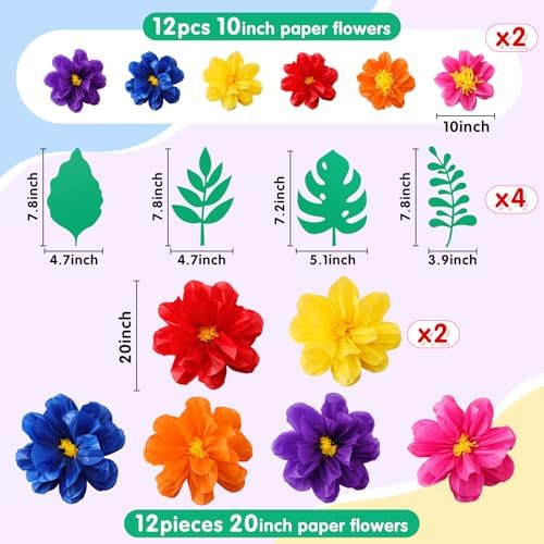 Geyee 80 Pcs Mexican Giant Paper Flowers Leaves Set, 48 Pcs Large Mexico Tissue Paper Flowers and 32 Green Leaves for Mexican Party Wedding Archway Fiesta Birthday Decoration 20" 10'' - Image 2