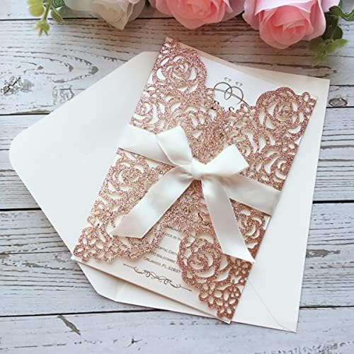 50PCS 5.12 x 7.28'' Laser Cut Rose Flower Wedding Invitations Cards with Bowknot and Envelopes invitation for Bridal Shower Wedding Invite (Rose Gold Glitter) - Image 3