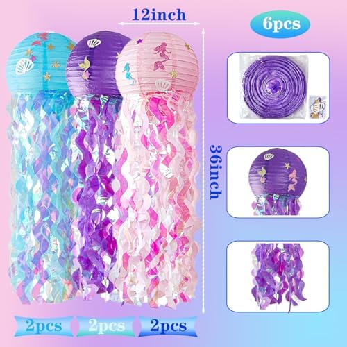 OBXT 12" Colorful Jellyfish Lanterns - Mermaid Birthday Party Decorations, Under the Sea & Ocean Theme Hanging Jellyfish Decor for Classroom, Nautical Events, and Underwater Adventure (Set of 6) - Image 2