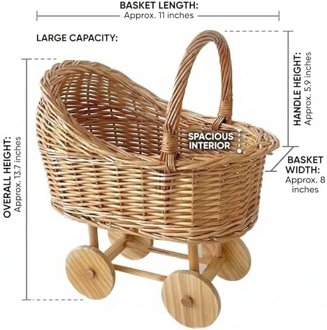 Woven Rattan Stroller Shaped Flower Basket with Handle, Versatile Trolley Decorative Flower Basket, Wicker Baby Carriage, Handwoven for Weddings, Baby Showers, Floral Arrangements - Image 5