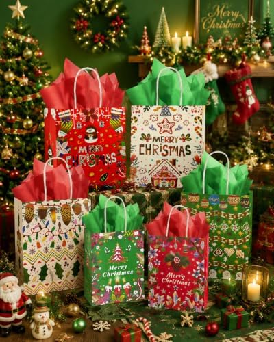 qiqee 100PCS Paper Gift Bags Assorted Christmas Paper Bags Red White Green - Image 7