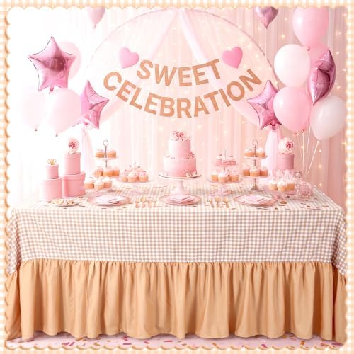 Khaki Gingham Tablecloth Plaid Ruffled Table Skirt, 132 x 90'' - Image 4
