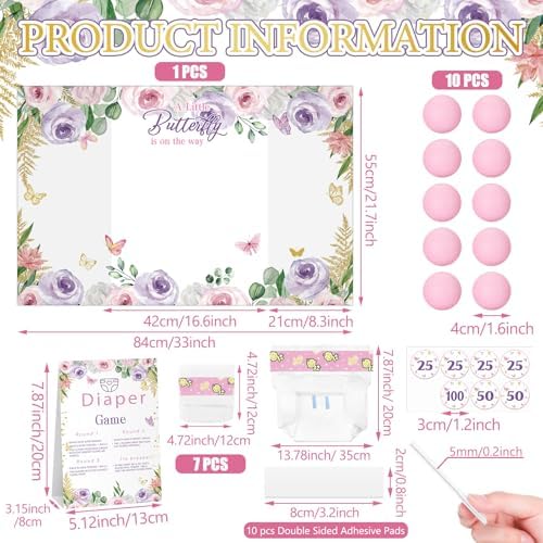 Ctosree 31 Pieces Butterfly Baby Shower Diaper Game 1 Diaper Baby Shower Game Board 7 Diapers 10 Plastic Balls 1 Organza Bag for Bridal Games Boy Girl - Image 3