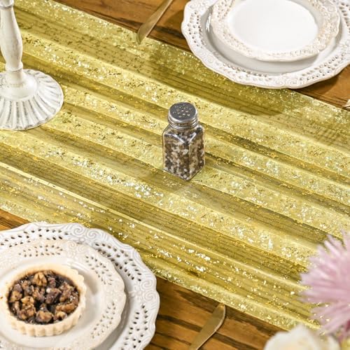 Artoid Mode 10PCS Light Yellow Gold Gauze Table Runner 120 Inch 10FT, Glitter Metallic Foil Sheer Dining Wedding Anniversary Holiday Birthday Table Decor for Home Party - Image 4