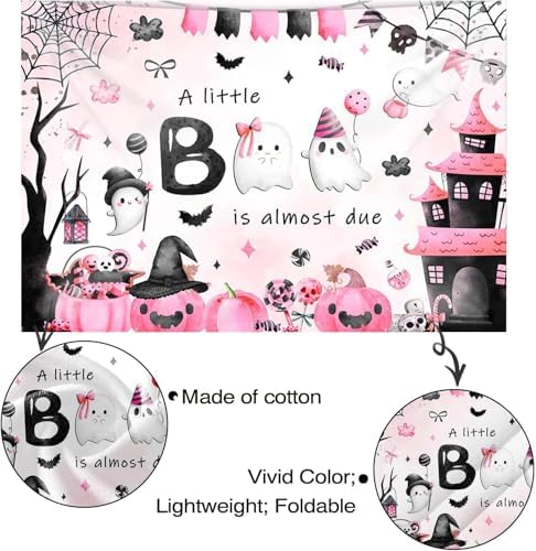 Mocsicka Halloween Baby Shower Backdrop A Little Boo is Almost Due Pink and Black Party Decorations Pumpkin Ghost Bat Background Banner Baby Shower for Kids Photo Booth Props (10x8ft (120x96 inch)) - Image 3