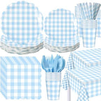 Funnymoom 452 Pcs Blue Gingham Party Supplies for 50 Guests Include White and Blue Checkered Paper Plates Napkins Cups Tablecloth Cutlery Straws for Birthday Baby Shower Wedding Party Decorations by Funnymoom