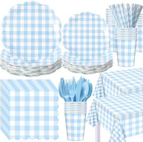 Funnymoom 452 Pcs Blue Gingham Party Supplies for 50 Guests Include White and Blue Checkered Paper Plates Napkins Cups Tablecloth Cutlery Straws for Birthday Baby Shower Wedding Party Decorations by Funnymoom