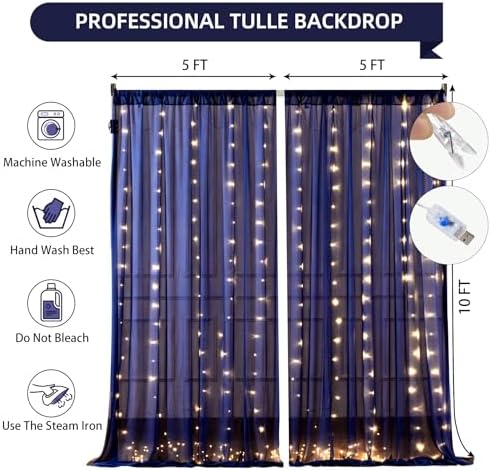 10x10FT Navy Blue Wrinkle Free Backdrop Curtains with Lights String for Parties - Photo Curtain Backdrop with Lights for Wedding Decorations, Bridal Baby Shower Birthday Party Photography Background - Image 5