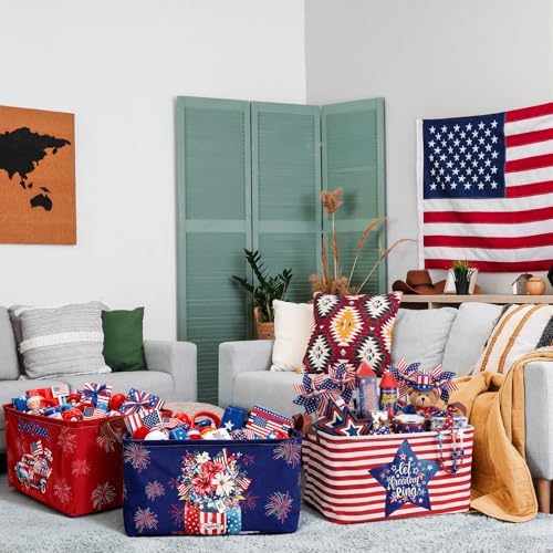 CHENGU 6 Pack 4th of July Storage Baskets Collapsible Patriotic Bins for Gifts 250th Independence Day Red Blue White Large Gnomes Basket Foldable American Flag Box with Handle for Party Bedroom Home - Image 6