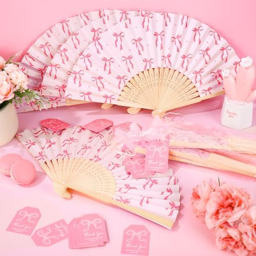 JarThenaAMCS 24 Set Pink Bow Folding Hand Fan with Thank You Tags Organza Bags Coquette Bow Paper Fans Decorative Handheld Fans for Birthday Bachelorette Bride Shower Party Favors - Image 5