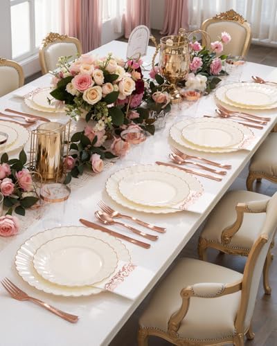 YOUBET 175PCS Ivory Scalloped Plastic Plates with Rose Gold Rim for Party - Image 3