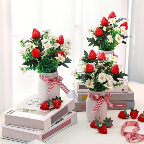 Mimorou 5 Set Strawberry Mason Jar Table Centerpiece DIY Artificial Strawberry Daisy Plants with Faux Leaves Home Centerpieces for Baby Shower Decor Home Summer Farmhouse Wedding Kitchen - Image 2