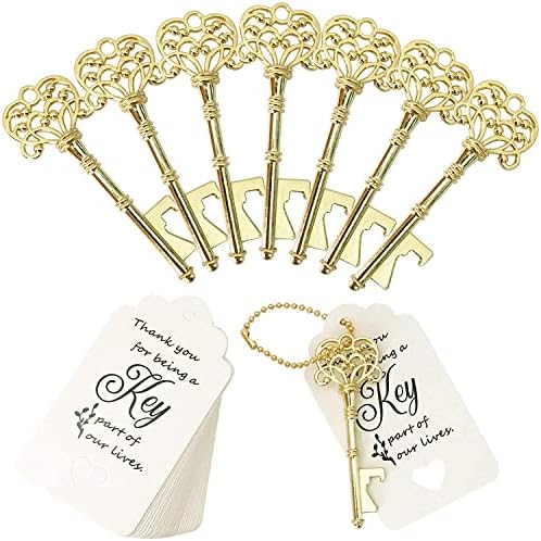 100 PCS Key Bottle Openers,Vintage Skeleton Key Bottle Opener,Wedding Favors Bottle Opener with Tag Cards and Key Chains(Gold) by WODEGIFT