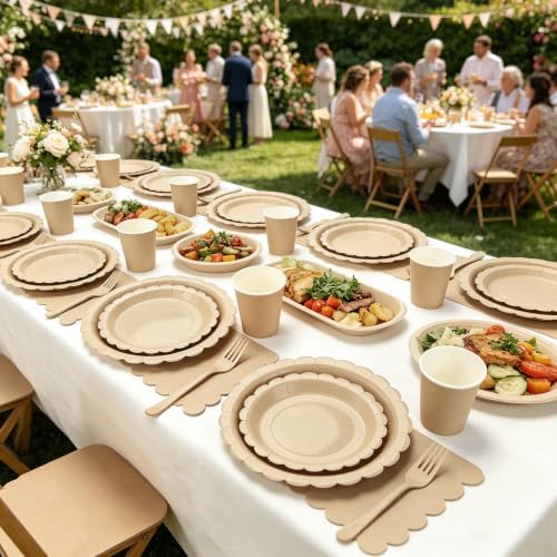 200Pcs Brown Party Plates and Napkins, 9’’ Disposable Scalloped Khaki Paper Plates and 7’’ Dessert Plates Cups Napkins Forks Party Supplies for Birthday, Wedding, Baby Shower Decorations, Serves 40 - Image 4