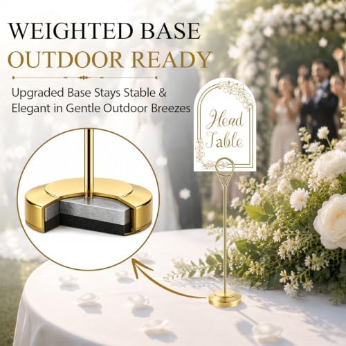 Radezon 26 PCS Gold Table Number Holders With Table Numbers 1-25 & Head Table Card, 8" Weighted Base Place Card Holders for Outdoor Wedding, Windproof Sturdy Metal Photo Stands for Reception Tables - Image 4