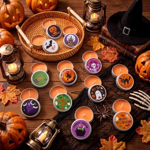 Treela 24 Pcs Halloween Pumpkin Scented Tin Candles Cinnamon Spice Fall Mini Soy Candles in Round Metal Tins, 5x2cm Small Halloween Candle Favors for Party Decorations - Image 4