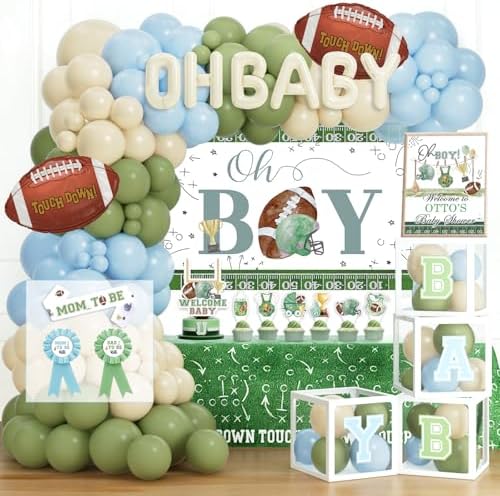 Football Baby Shower Decorations Kit, American Football Baby Shower Supplies, Touchdown Oh Boy Backdrop, Pastel Balloon Garland, Boxes for Boys Party Theme by Fiesec