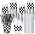 Sliner 50 Sets Checkered Party Cups, 16 Oz Plastic Cups with Lids & Straws by Sliner