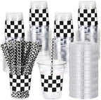 Sliner 50 Sets Checkered Party Cups, 16 Oz Plastic Cups with Lids & Straws by Sliner