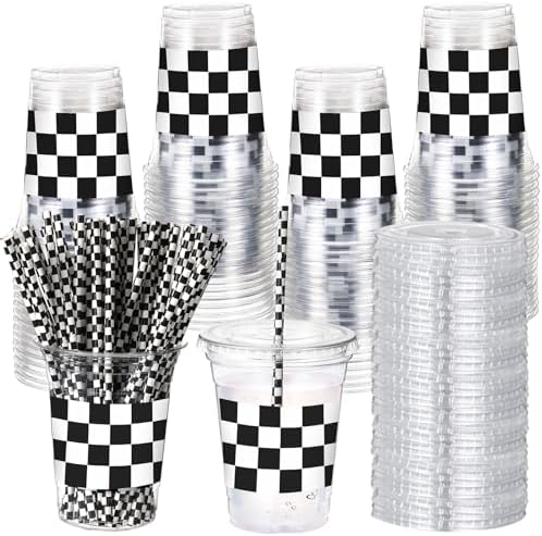 Sliner 50 Sets Checkered Party Cups, 16 Oz Plastic Cups with Lids & Straws by Sliner