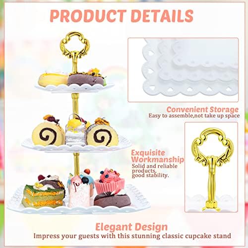 6 Sets of 3 Tier Tea Party Cupcake Stand, White Plastic Cupcake Dessert Plates Square Display Trays for Cake Fruit Candy Display Tower for Wedding Birthday Baby Shower Decorations - Image 3