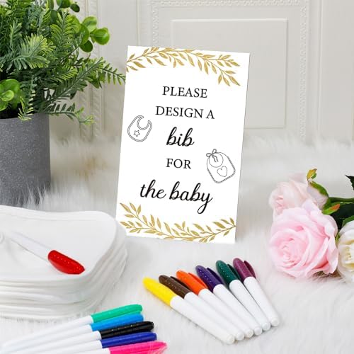 Panitay 43 Pcs Baby Shower Games Design a Bib, 12 Markers, Golden Leaf - Image 3