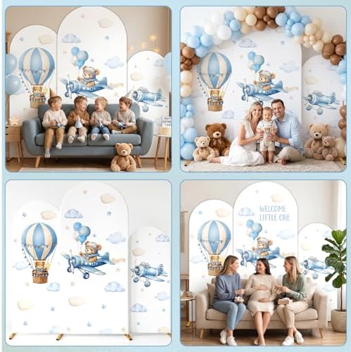 3PCS Teddy Bear Arch Backdrop Cover 4ft 5ft 6ft Vintage Airplane Party Decorations Blue Pilot Spandex Stretch Arch Stand Cover Hot Air Balloon Photo Background for Baby Shower Wedding Birthday Decor - Image 7
