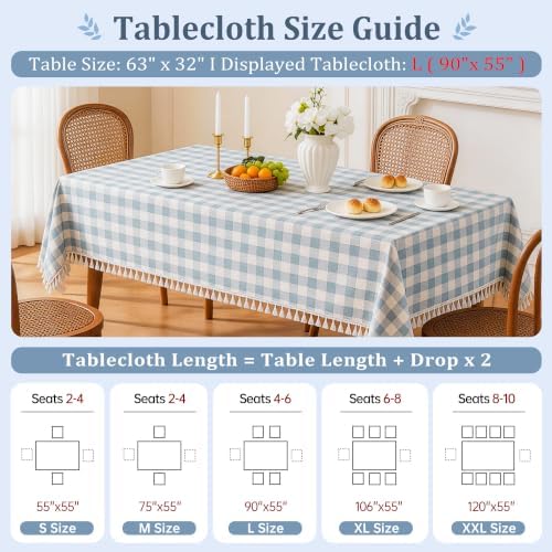 Blue Tablecloth Rectangle, Gingham Cotton Linen Checkered, 55x120 Inch - Image 5