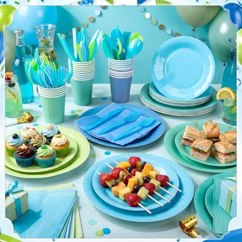 Mimorou 175 Pcs Green and Teal Plates Cups Napkins Utensils Blue - Image 2