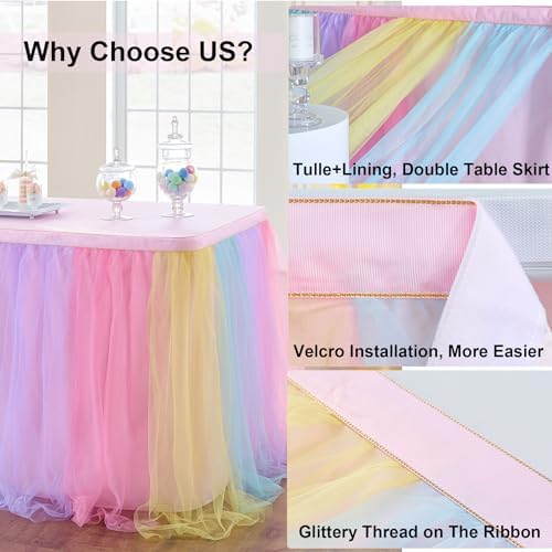 108in Rainbow Tulle Table Skirts for Rectangle Tables 6/8/4ft, 2-Layer Pastel Color Unicorn Ruffle Tulle Tutu Cloth Table Skirt 9ft for Girl Birthday Party Baby Shower Cake Dessert(No Table Cover) - Image 4