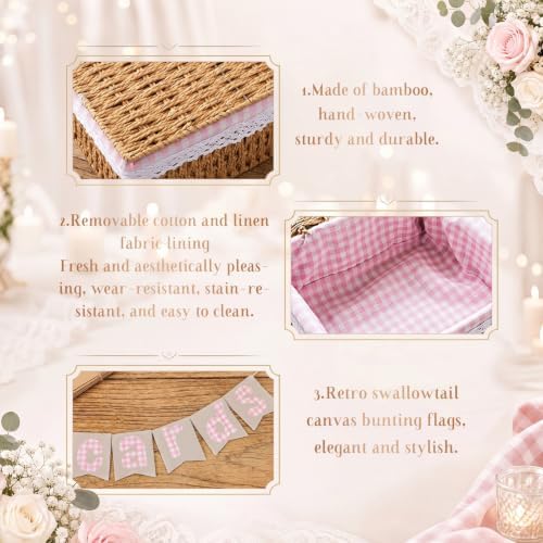 Gerrii Wedding Party Decoration 12 x 9.4 x 5.3 in Large Wicker Storage Basket with Lid Wedding Card Box and Card Banner Set Money Envelope Box Gift for Baby Shower Favor Supplies(Red Plaid) - Image 5