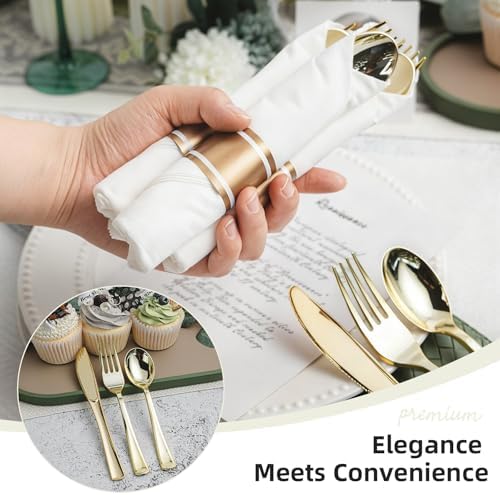400PCS Pre Rolled Gold Plastic Silverware Sets, Include 100 Pack Wrapped Silverware Set, Rolled Silverware Disposable with Napkins for Parties and Weddings - Image 4