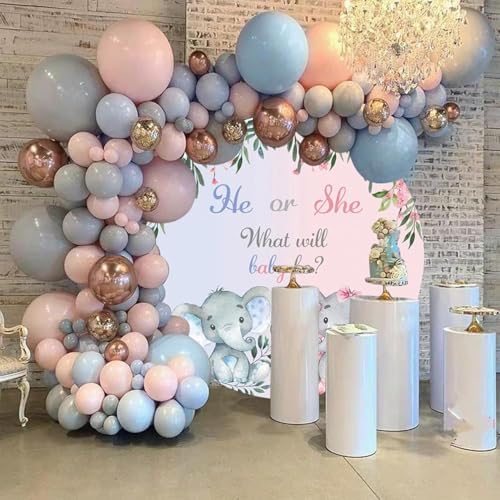 AOFOTO 7.2x7.2ft Gender Reveal Round Backdrop Cover Cartoon Baby Elephant Rustic Flower Leaf Printed Photography Background What Will Baby Be He or She Pink Blue Pregnant Mom Surprise Party Decor - Image 4