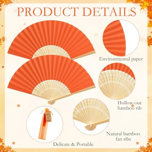 Roowest 50 Pack Paper Folding Fans Bamboo Wedding Favors, Orange - Image 3