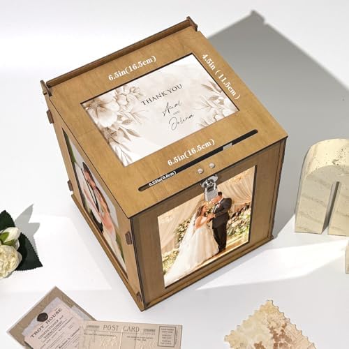 OurWarm Wooden Wedding Card Box with Acrylic Picture Frame, 360° Rotatable - Image 5