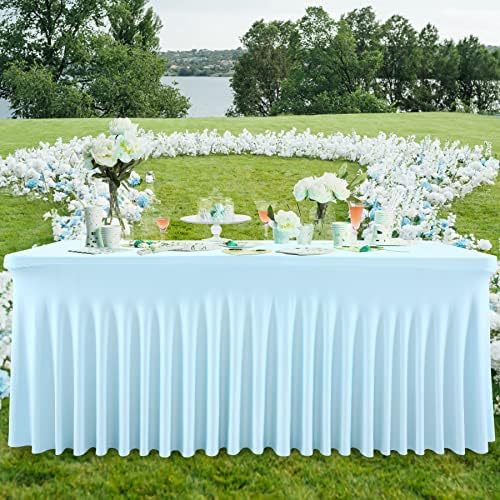 Besutolife 6ft Baby Blue Tablecloth Rectangle Stretch Table Skirt One-Piece Wrinkle-Resistant Ruffles Design for Under The Sea Party Frozen Decorations Birthday - Image 6