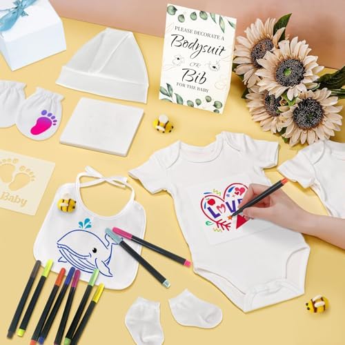78PCS Baby Bib Bodysuit Baby Shower Set Baby Shower Game Sign Baby Feede Bib Newborn Bodysuit Fabric Marker - Image 6