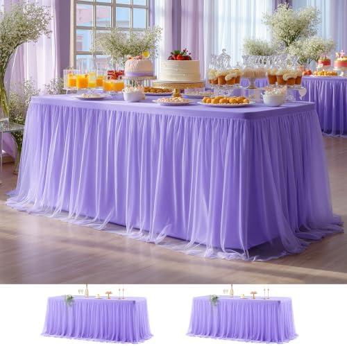Wish Care 2 Pack Lavender Tulle Tablecloth for 6 Foot Rectangle Tables Stretch Fitted Rectangular Table Cloth Purple Wrinkle Free Ruffle Table Covers Tutu Skirt for Wedding Birthday Party Baby Shower by WishCare