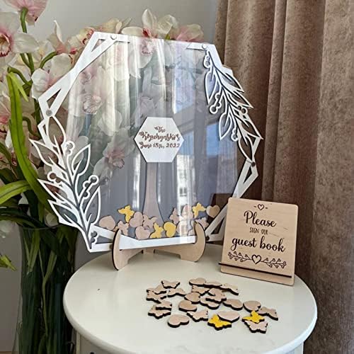 Personalized Wedding Wooden Guest Book: Creative Acrylic Custom Name Alternative Inserts Box DIY Custom Rustic Wedding Heart Drop Guest Book for Graduation Anniversary Wedding Decor (Flower Hexagon) - Image 5