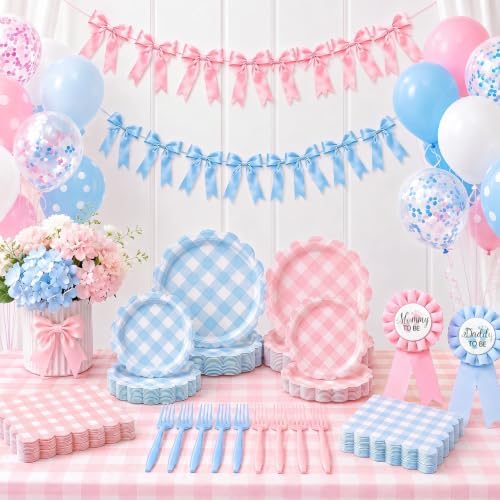 ArtSocket 162 Pack Baby Gender Reveal Party Supplies for 24 Guests, Gingham - Image 6