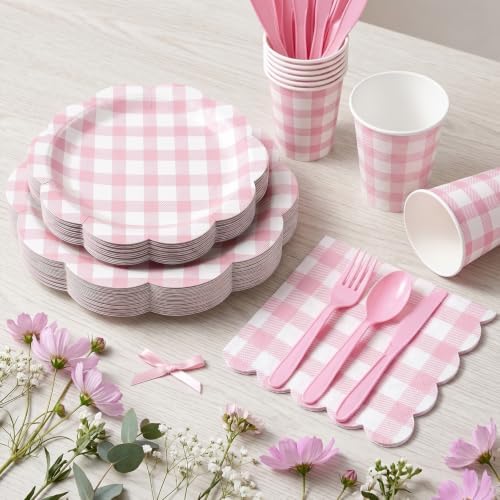 350 PCS Pink Gingham Disposable Dinnerware Set, Decagonal Paper Plates 7 & 9 Inch, Napkins, Cups & Cutlery, Checkered Party Supplies for Baby Shower Birthday Bridal Shower Picnic - Image 7