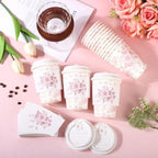 50Pcs Pink Floral Disposable Coffee Cups with Lids and Sleeves - Image 6