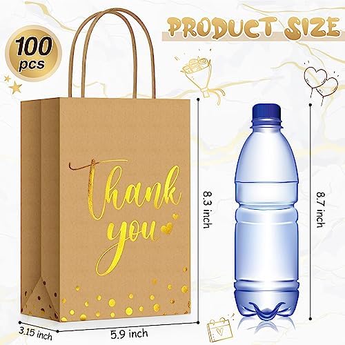 Tinlade 100 Pcs Thank You Gift Bags Bulk Paper Gold Thank You Wedding Bags with Handle for Business, Shopping, Wedding, Baby Shower, Party Favors (Brown) - Image 2