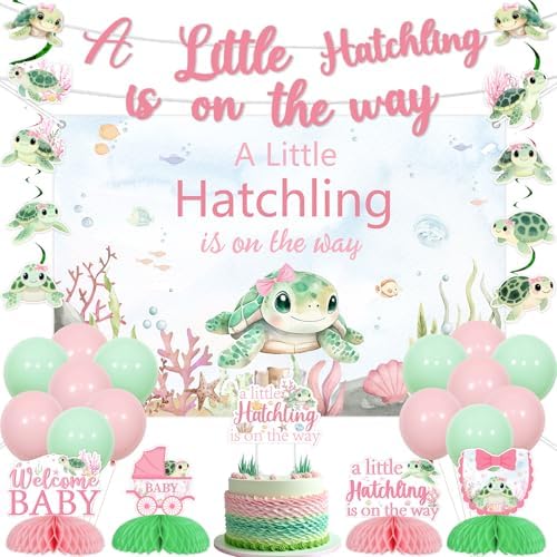 Jollyboom Sea Turtle Baby Shower Decorations Girl, a Little Hatchling Is On The Way Backdrop Banner Cake Topper Hanging Swirls Ceiling Streamers Garland Balloons Table Honeycomb Centerpieces by Jollyboom