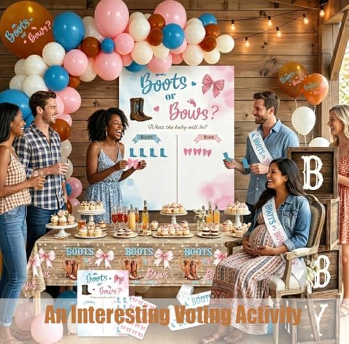 Boots or Bows Gender Reveal Decorations Kit, 7x5ft Polyester Backdrop - Image 4